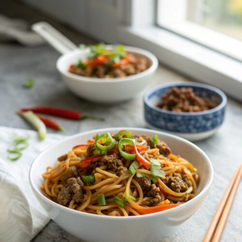 Iconic dish of Mongolian Ground Beef Noodles served deliciously