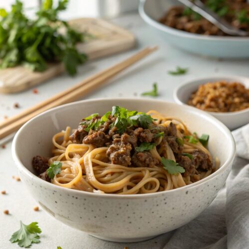 SEO-friendly alt text describing the featured image of Mongolian Ground Beef Noodles