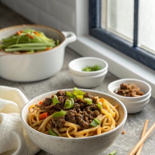 A delectable plate of Mongolian Ground Beef Noodles garnished beautifully.