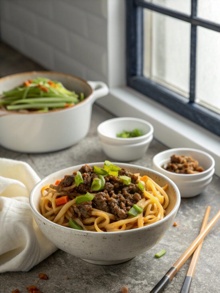 A delectable plate of Mongolian Ground Beef Noodles garnished beautifully.