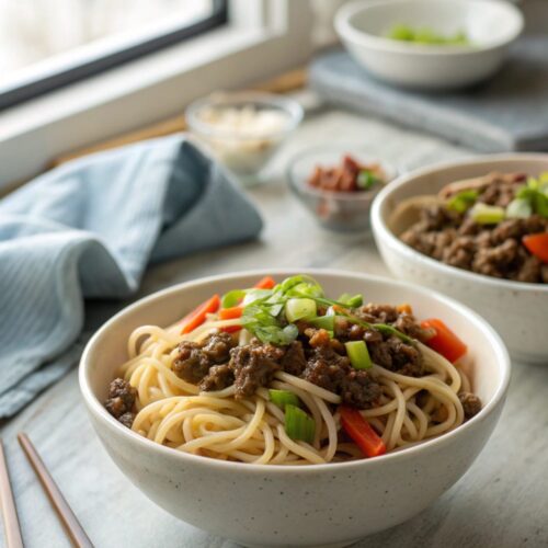 Mouthwatering Mongolian Ground Beef Noodles garnished with green onions.