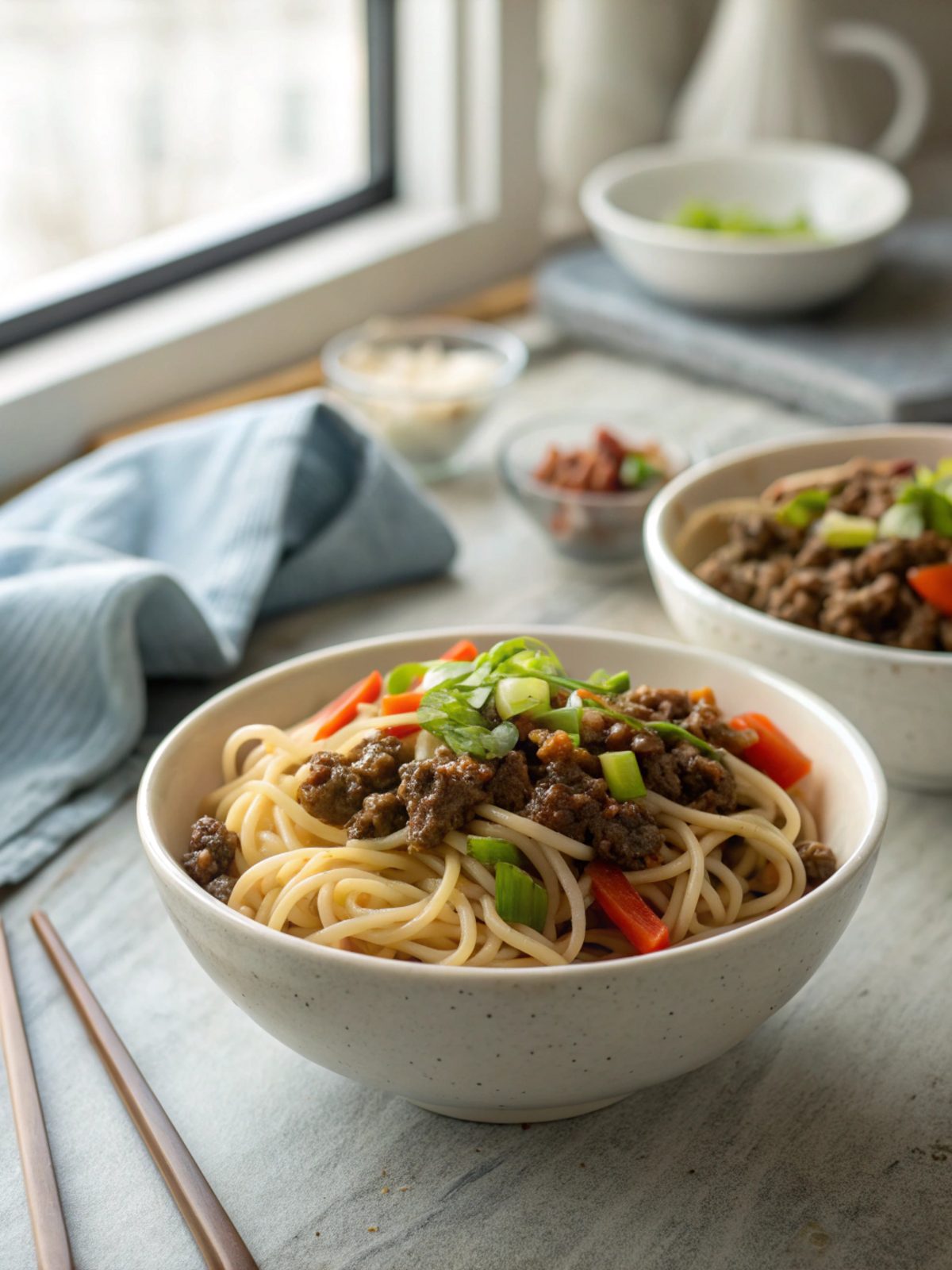 Mouthwatering Mongolian Ground Beef Noodles garnished with green onions.