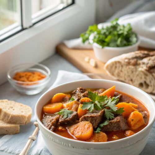 Delicious Moroccan beef stew with apricots served in a bowl
