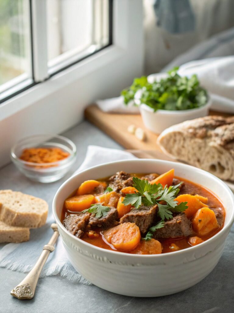 Delicious Moroccan beef stew with apricots served in a bowl