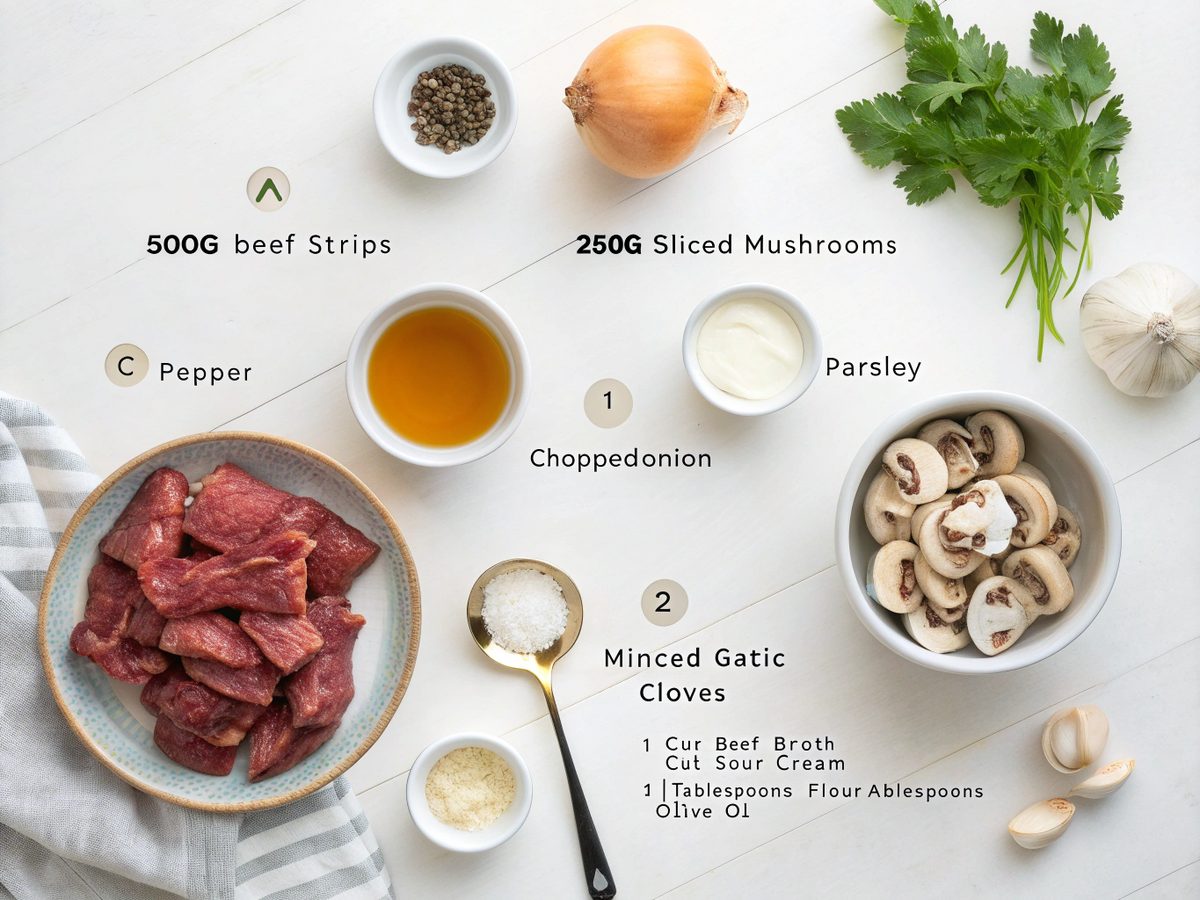 Ingredients for making a mushroom beef stroganoff recipe displayed on a kitchen counter