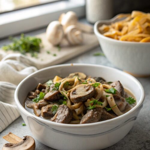 Mushroom Beef Stroganoff Recipe served in a bowl