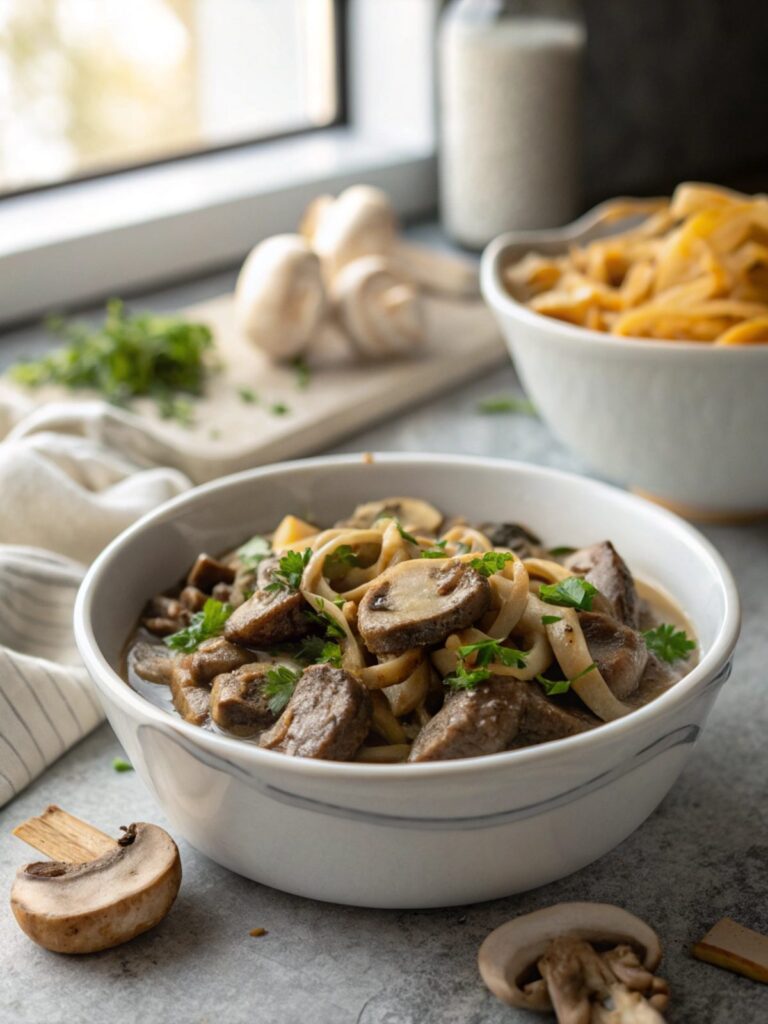 Mushroom Beef Stroganoff Recipe served in a bowl