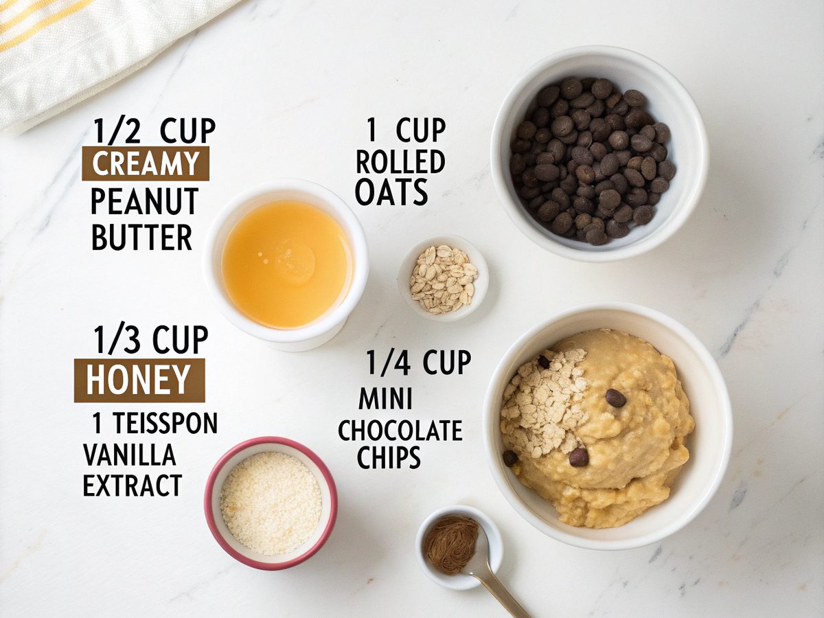 Visual display of ingredients for No-Bake Peanut Butter Energy Bites including oats, peanut butter, and honey.