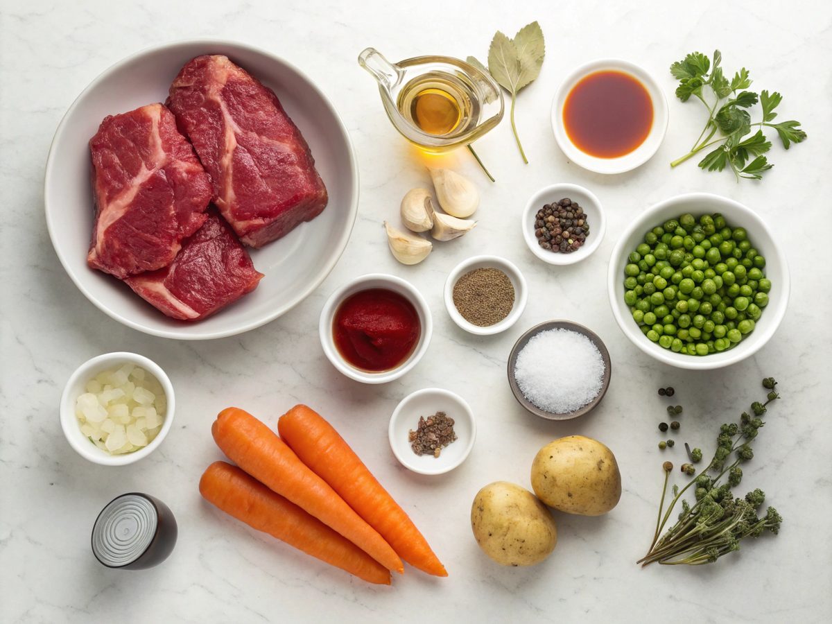 Illustration displaying the ingredients for old fashioned beef stew recipe
