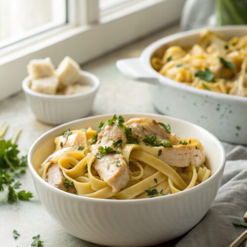 Finished dish of One-Pan Chicken Buttered Noodles in a white ceramic bowl with garnish