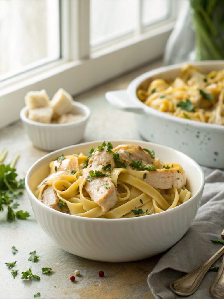 Finished dish of One-Pan Chicken Buttered Noodles in a white ceramic bowl with garnish