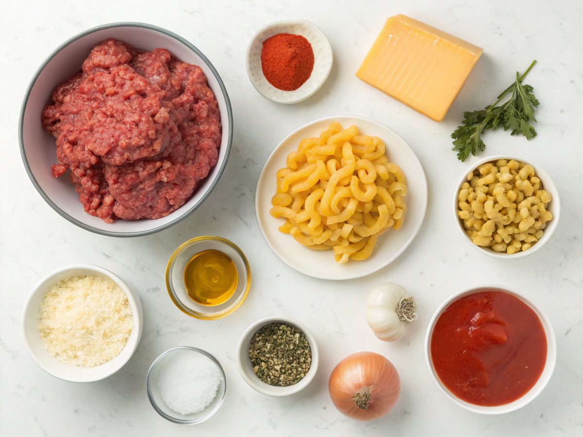 Ingredients for making one pot beefaroni laid out on a counter.