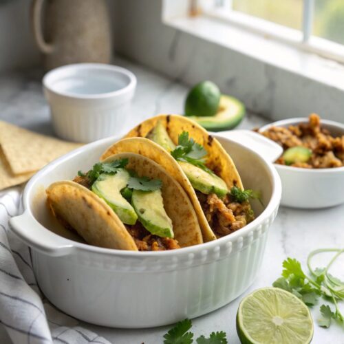 A mouthwatering display of delicious oven baked cheesy tacos, garnished and ready to eat.
