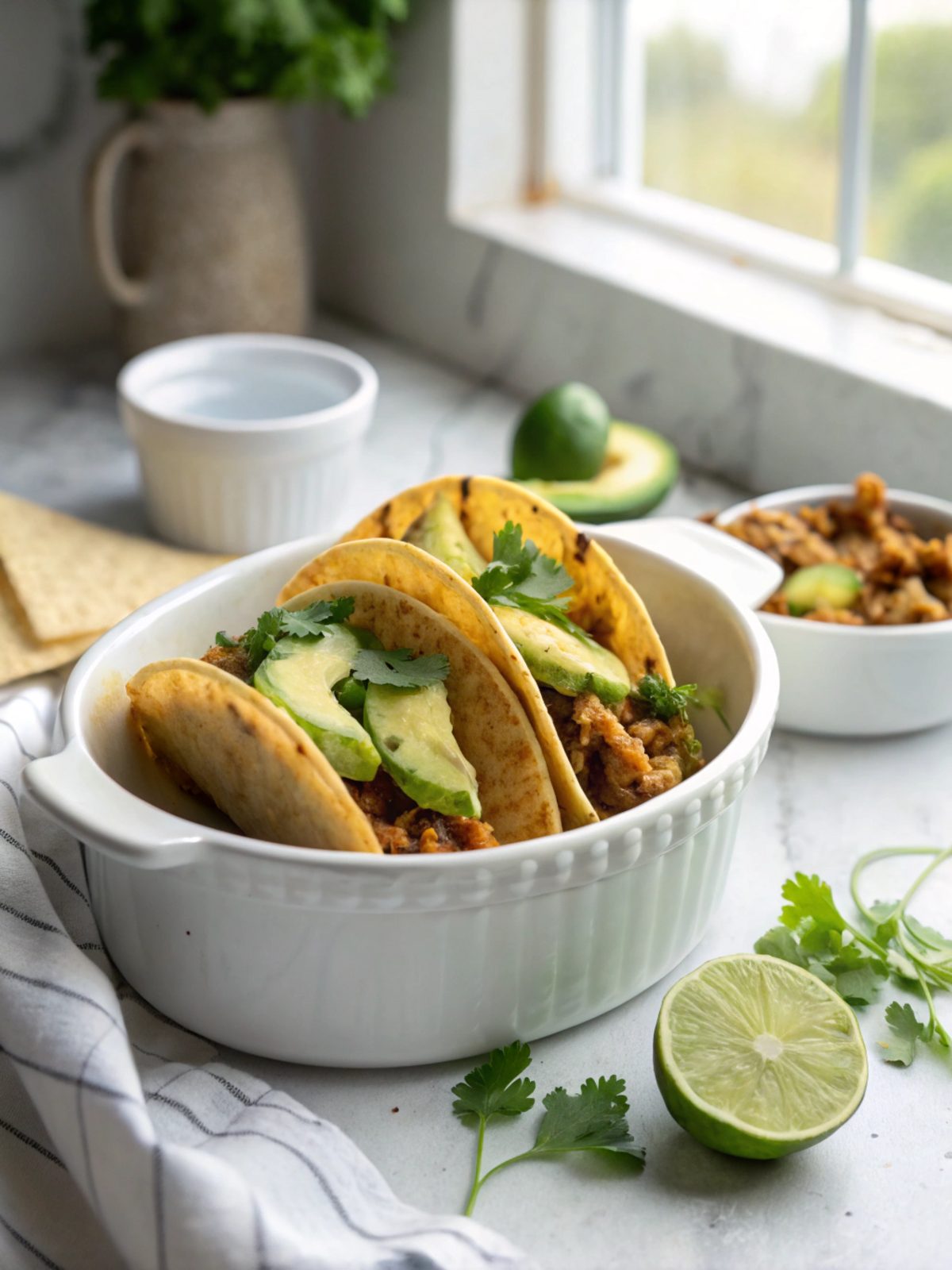 A mouthwatering display of delicious oven baked cheesy tacos, garnished and ready to eat.