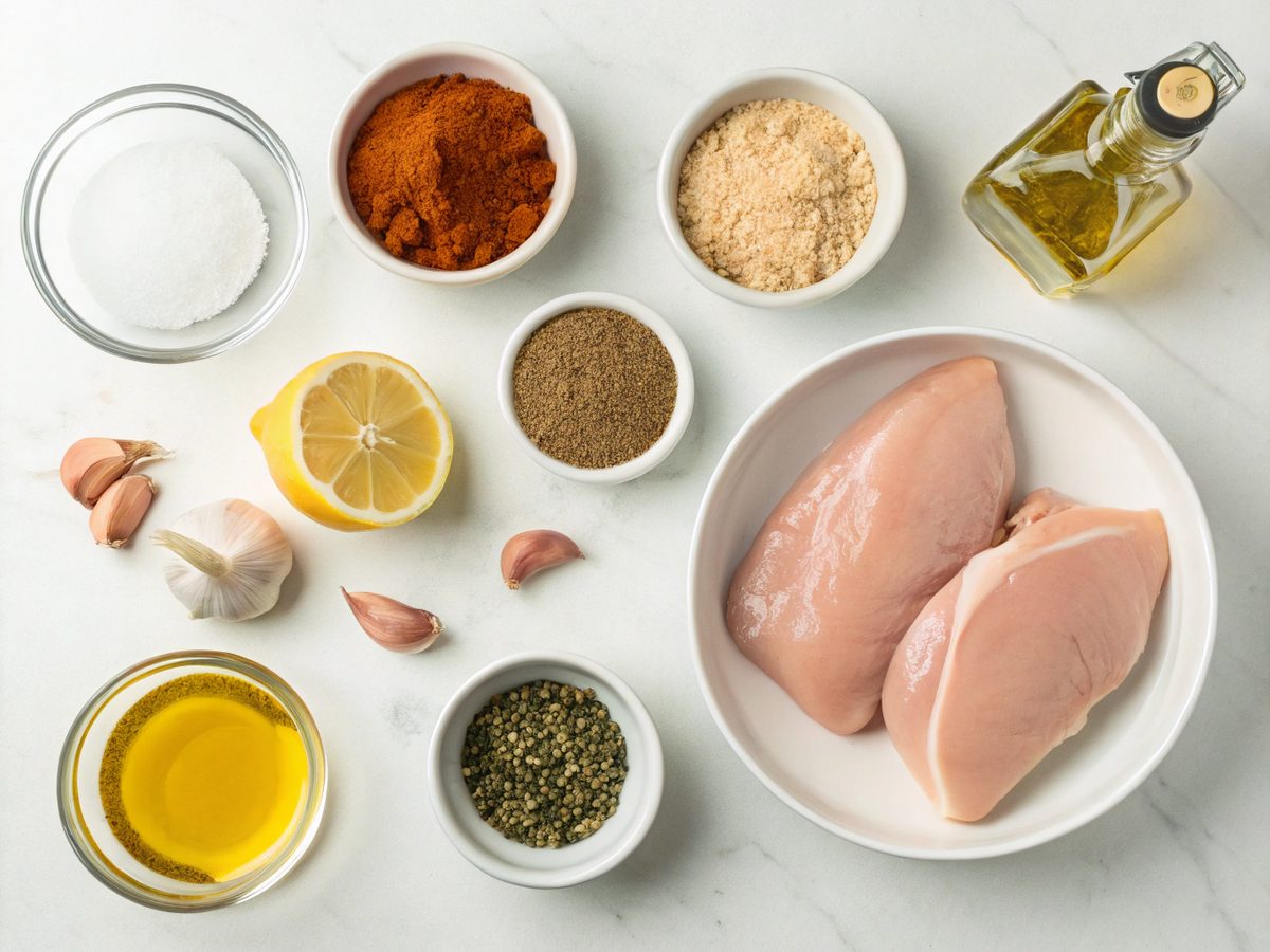 Ingredients for oven baked chicken breast spread on a countertop.