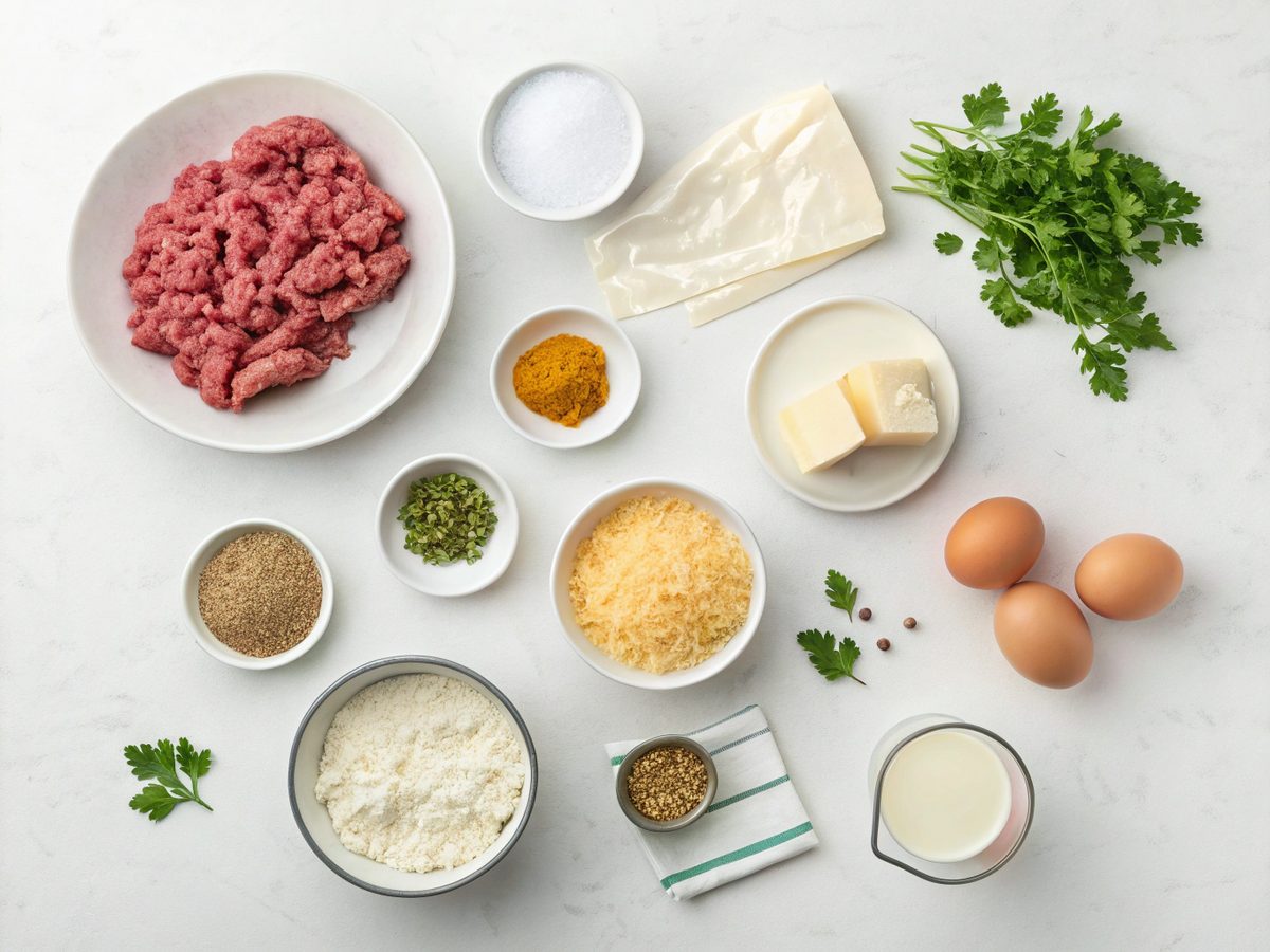 Illustration of ingredients for making oven baked Italian meatballs