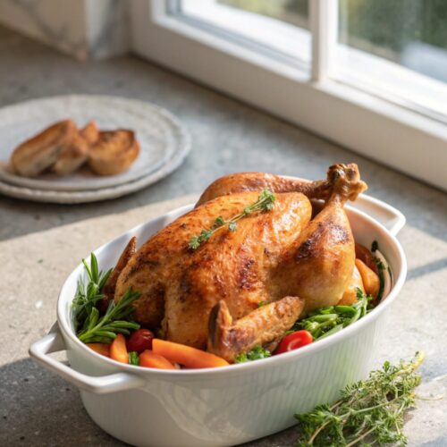 Golden brown oven baked whole chicken served with fresh herbs and lemon.