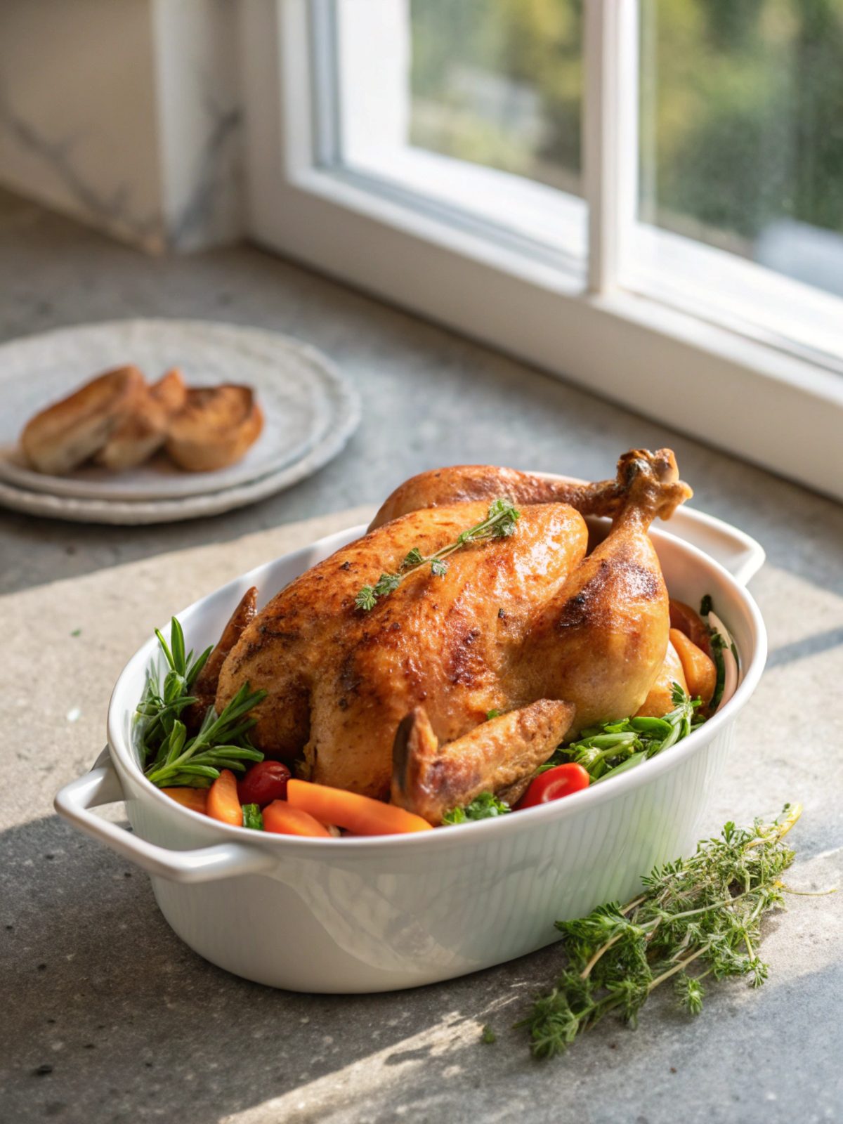 Golden brown oven baked whole chicken served with fresh herbs and lemon.