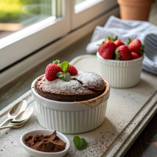 A perfect chocolate soufflé with a risen top, dusted with powdered sugar.