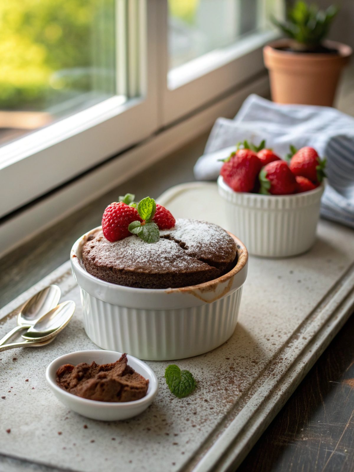 A perfect chocolate soufflé with a risen top, dusted with powdered sugar.