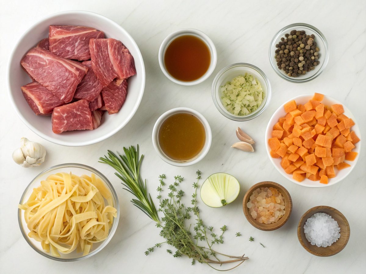 Ingredients for slow cooked beef and noodles recipe laid out on a kitchen counter