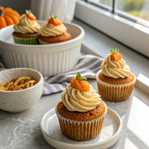 Pumpkin spice cupcakes beautifully arranged, capturing their warm hues.