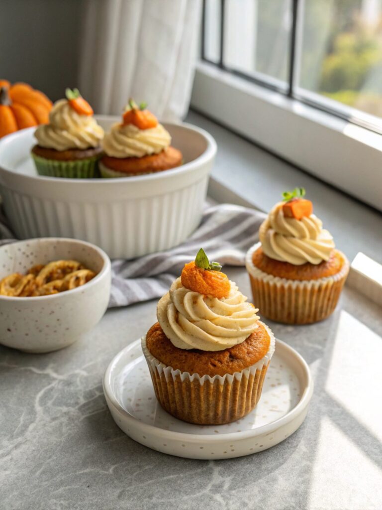 Pumpkin spice cupcakes beautifully arranged, capturing their warm hues.