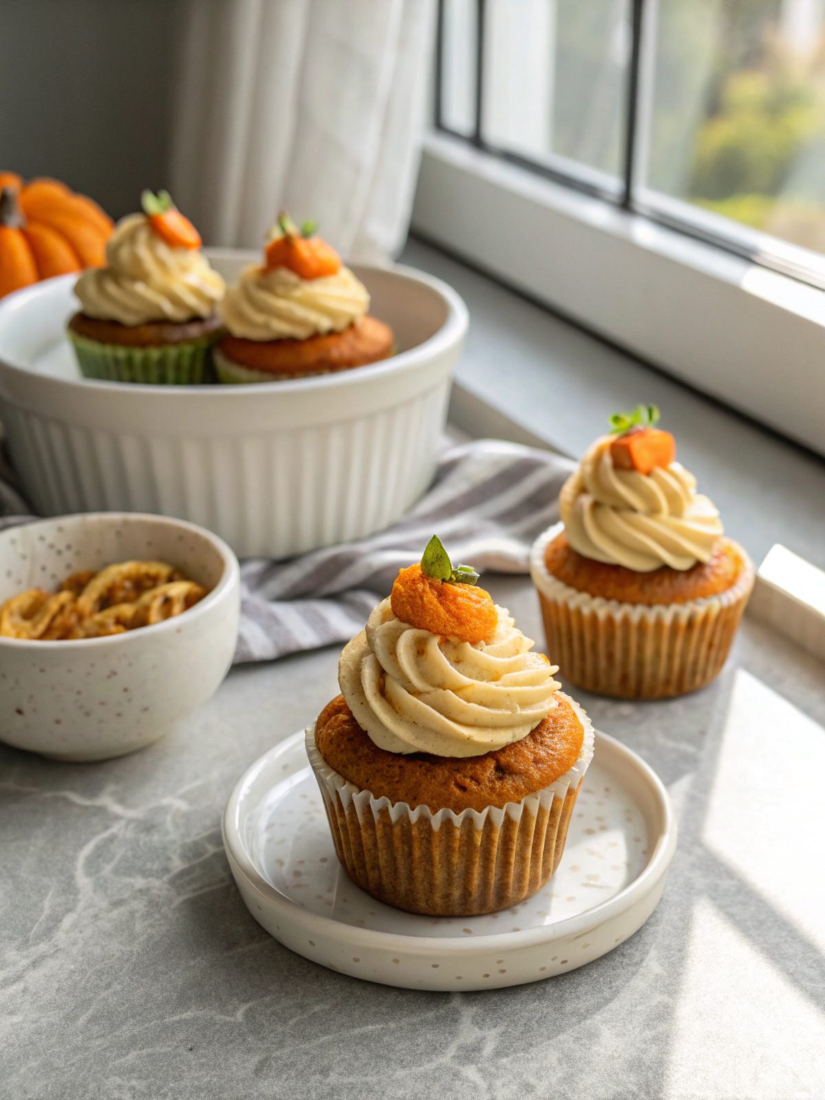 Pumpkin spice cupcakes beautifully arranged, capturing their warm hues.