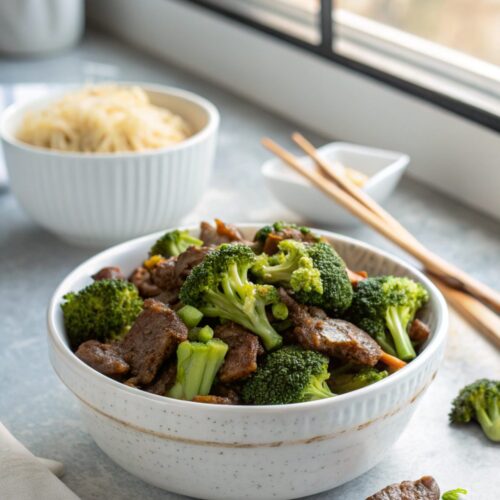 A beautifully plated PF Chang's Beef Broccoli Copycat recipe dish.