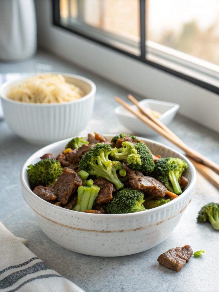 A beautifully plated PF Chang's Beef Broccoli Copycat recipe dish.