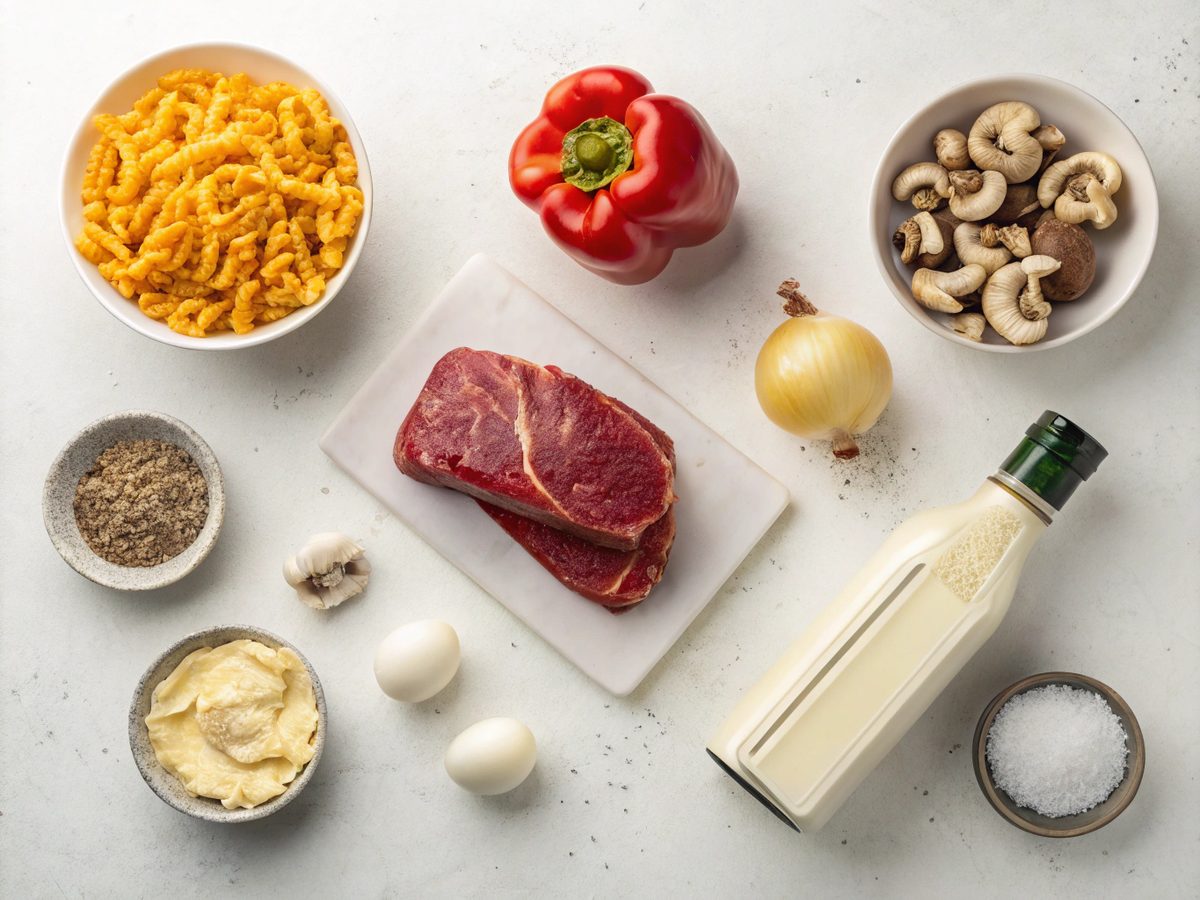 Ingredients for making Philly Cheesesteak Mac and Cheese including steak, cheese, pasta, and vegetables.