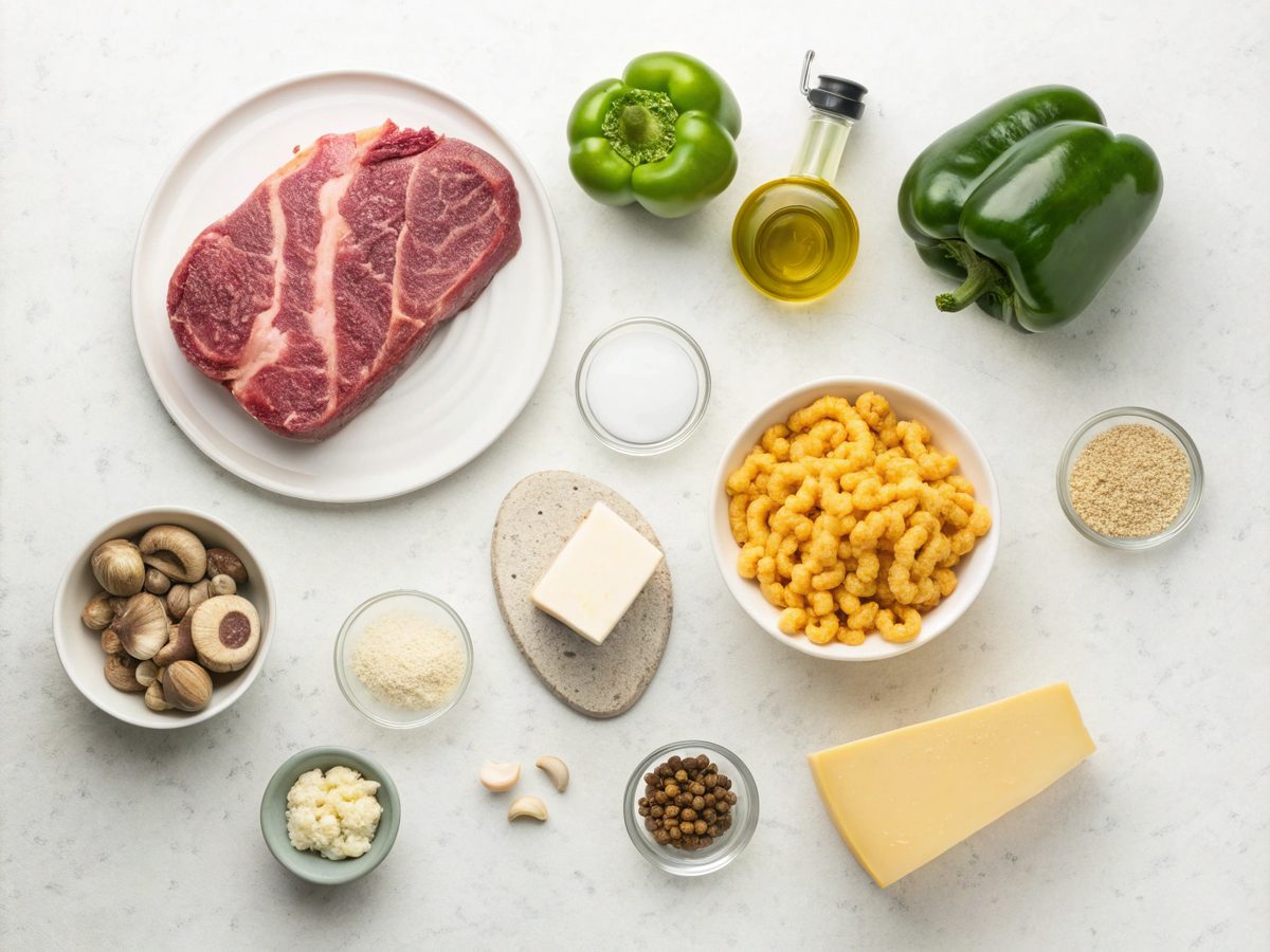 Ingredients for Philly Cheesesteak Mac and Cheese arranged on a kitchen counter.