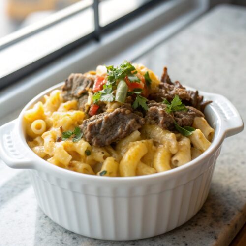 Bowl of creamy, golden Philly Cheesesteak Mac and Cheese.