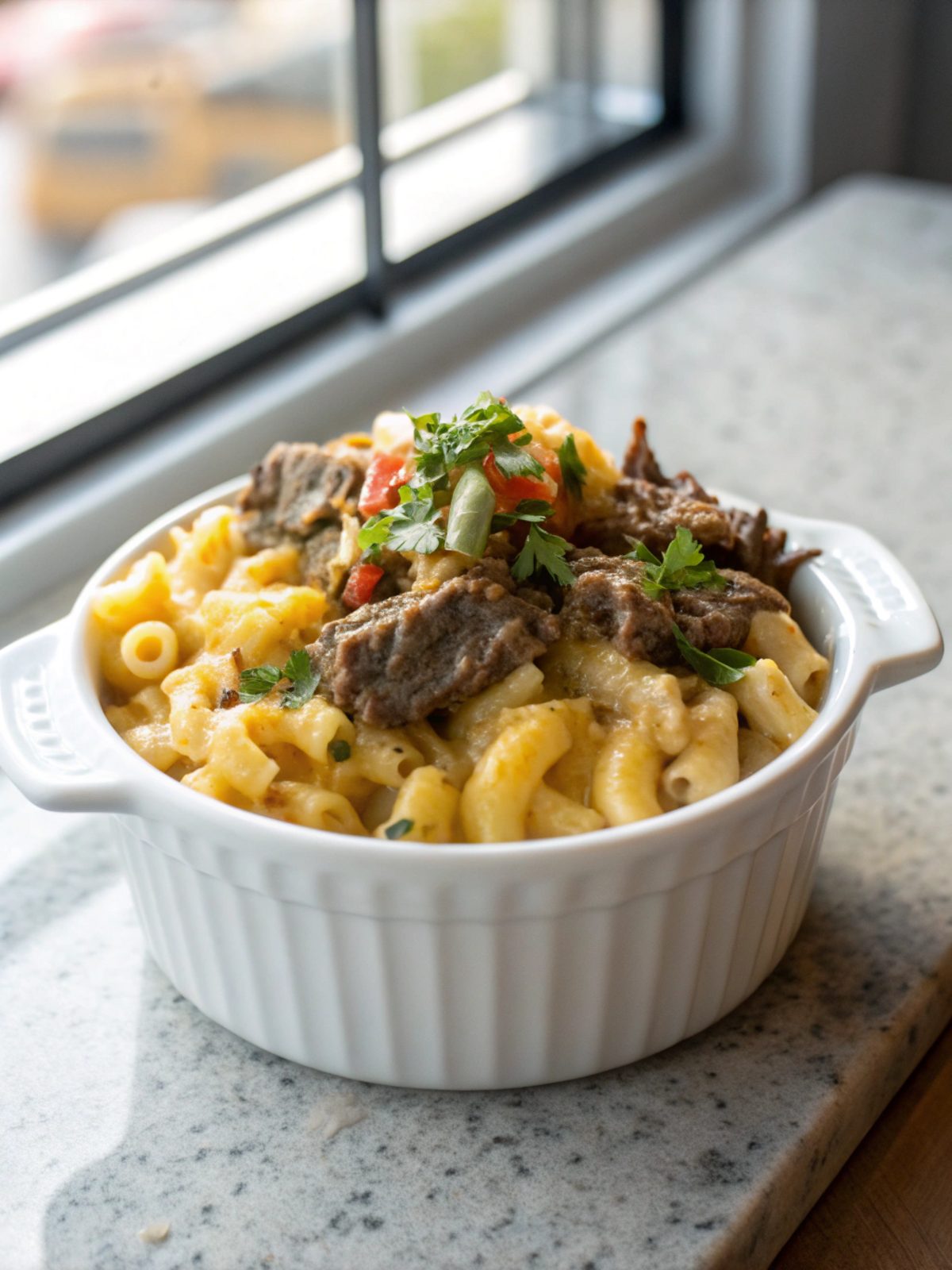 Bowl of creamy, golden Philly Cheesesteak Mac and Cheese.