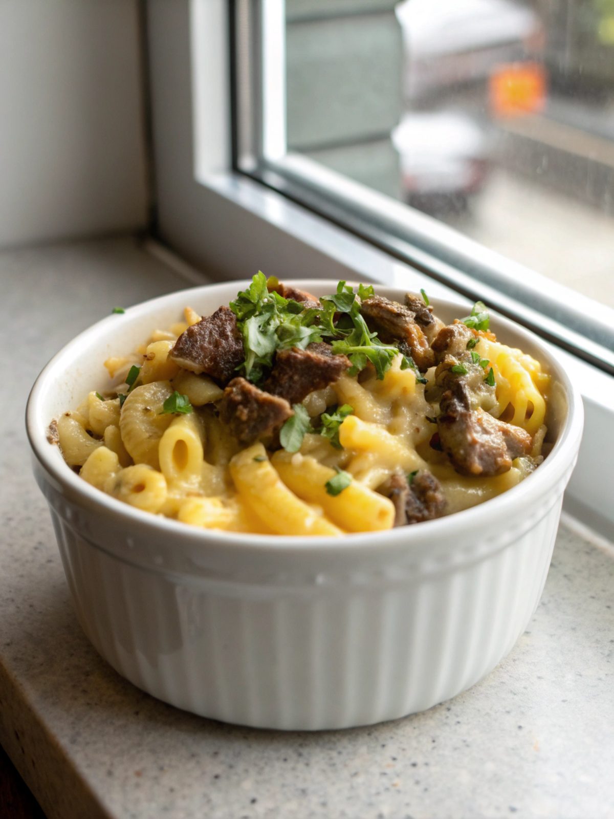 Close-up of Philly Cheesesteak Mac and Cheese garnished and ready to serve.
