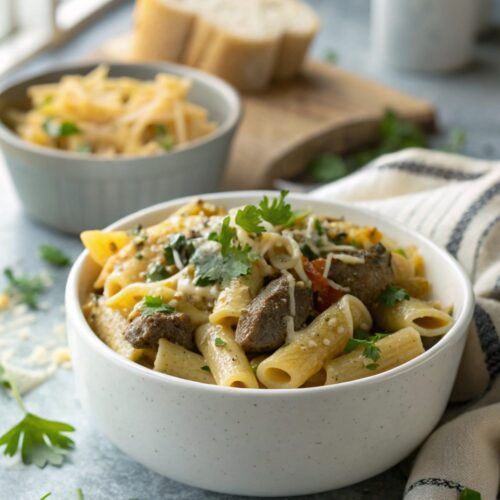 SEO-friendly alt text describing the featured image of Philly Cheesesteak Pasta