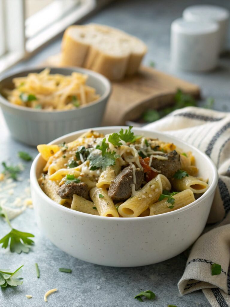 SEO-friendly alt text describing the featured image of Philly Cheesesteak Pasta