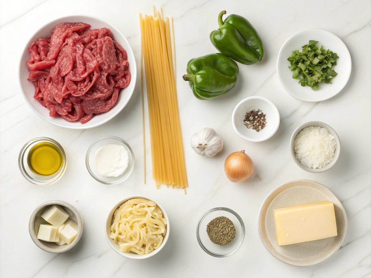 Visual of Philly Cheesesteak Pasta ingredients laid out.