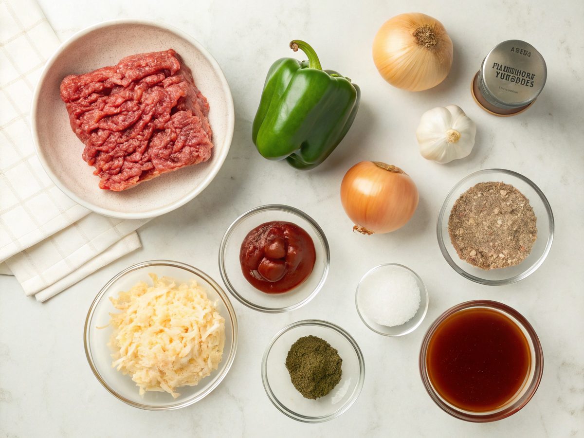 Ingredients for Philly Cheesesteak Sloppy Joes recipe.