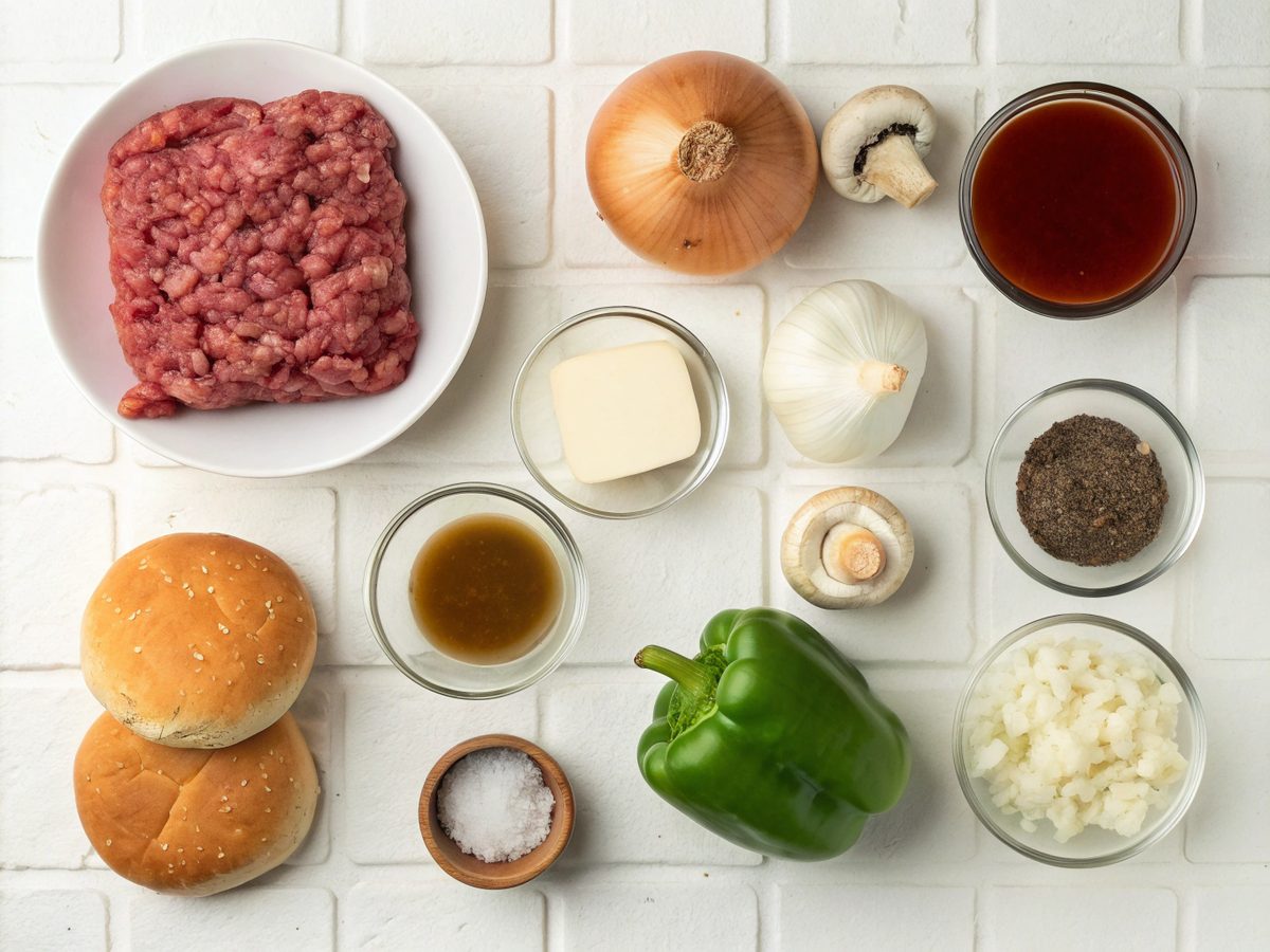 Ingredients for making Philly Cheesesteak Sloppy Joes arranged neatly