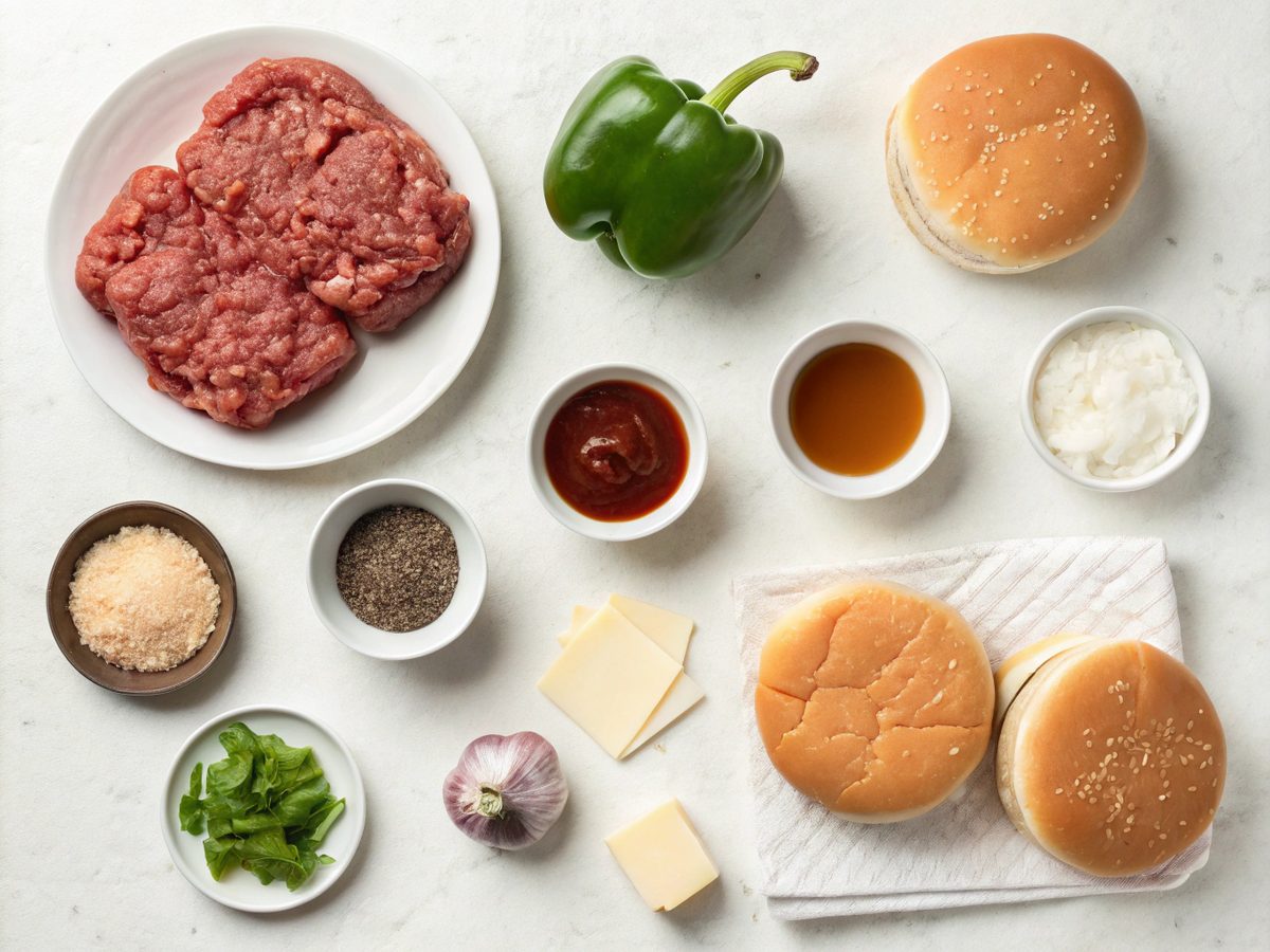 Flat lay of Philly Cheesesteak Sloppy Joes ingredients