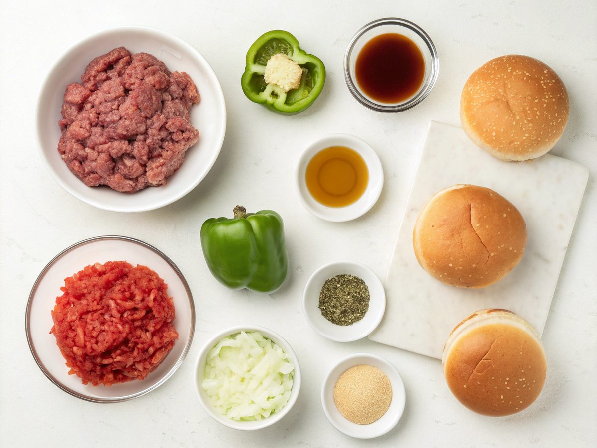 Ingredients for making Philly Cheesesteak Sloppy Joes on a white kitchen counter