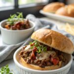 A delicious close-up of Philly Cheesesteak Sloppy Joes ready to serve