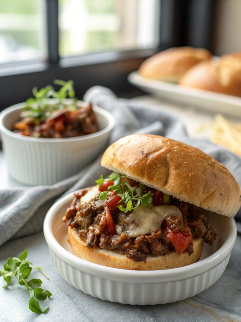 A delicious close-up of Philly Cheesesteak Sloppy Joes ready to serve