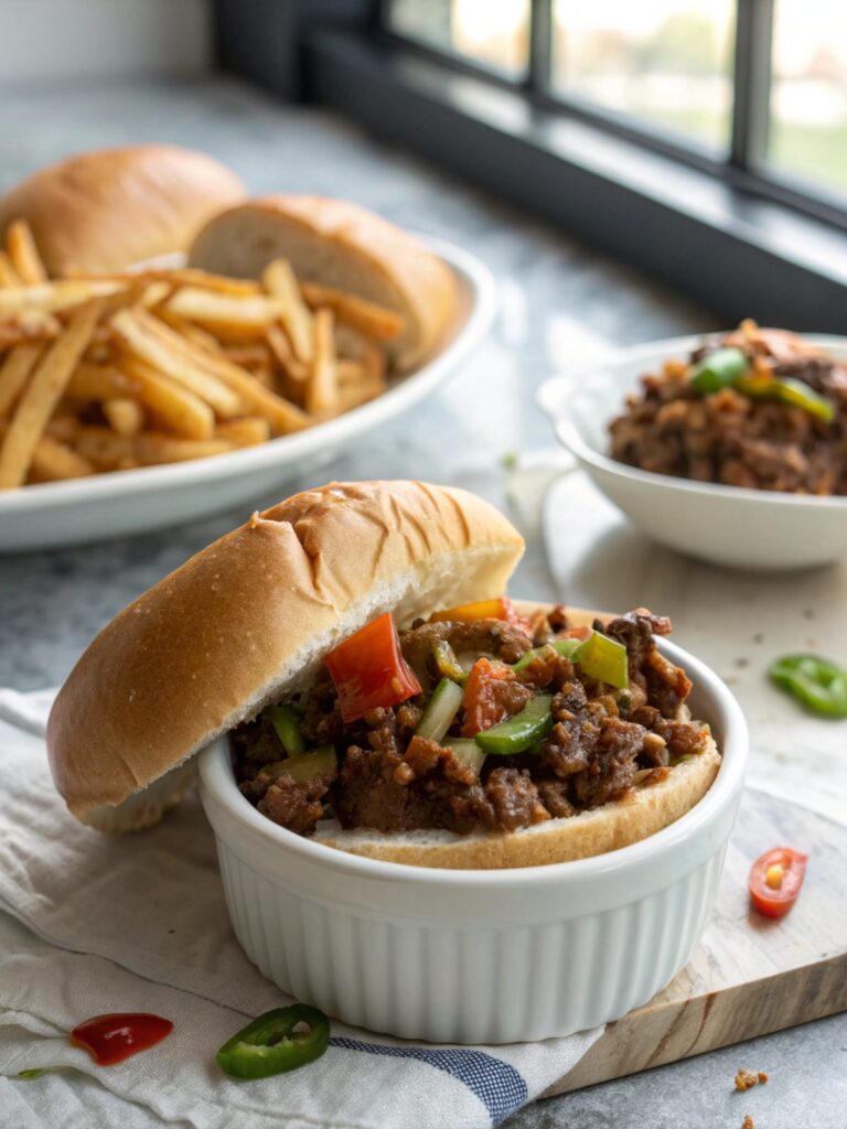 Delicious Philly Cheesesteak Sloppy Joes ready to serve.
