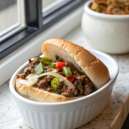 Featured image of Philly Cheesesteak Sloppy Joes served on a dish