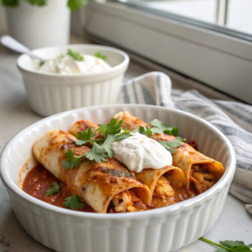 A beautifully plated dish of Protein Chicken Enchiladas with vibrant garnishes.