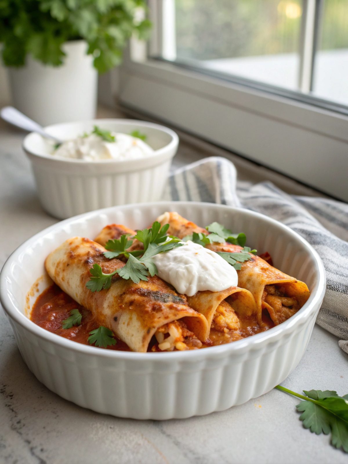 A beautifully plated dish of Protein Chicken Enchiladas with vibrant garnishes.