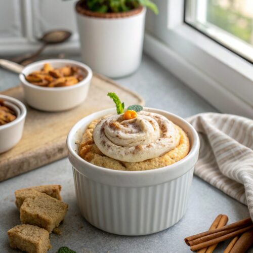 A delicious Protein Cinnamon Roll Mug Cake served in a mug.