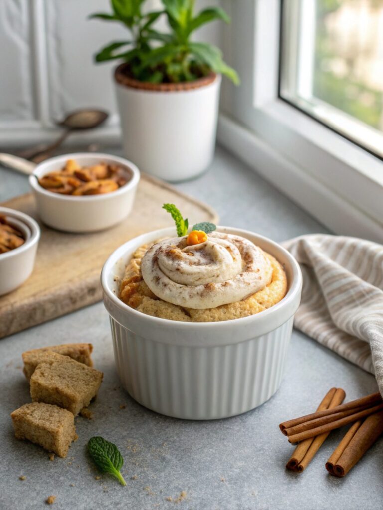 A delicious Protein Cinnamon Roll Mug Cake served in a mug.